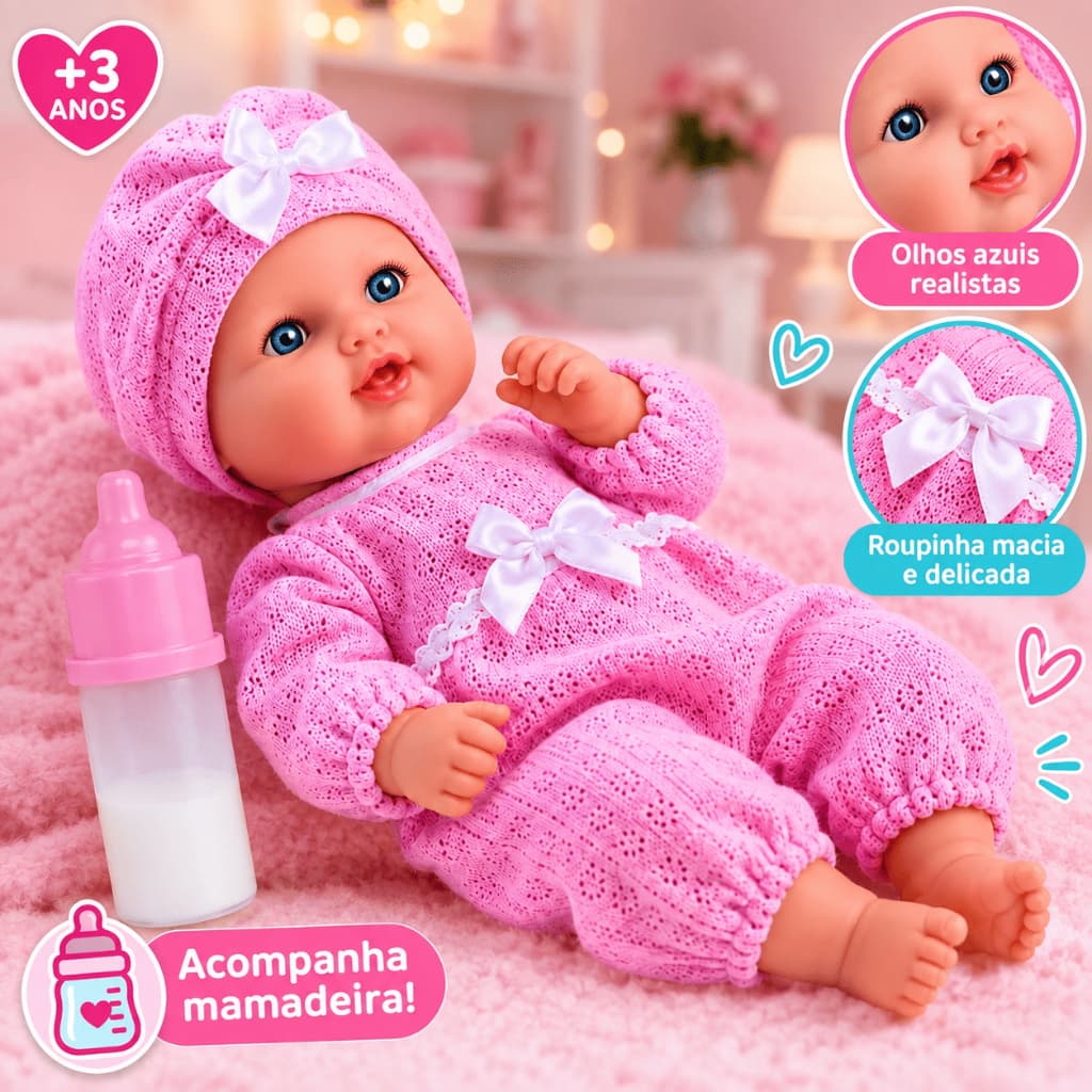 Boneca Reborn Bebê Soft em Vinil Macio com Mamadeira Mágica