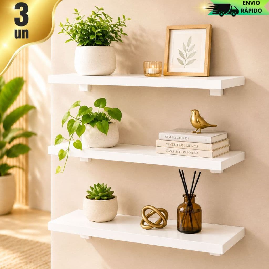 Kit 3 Prateleiras Brancas MDF 45x11cm Com Cantoneira Em L Suporte De Parede Decorativa Para Quarto Sala Cozinha Banheiro