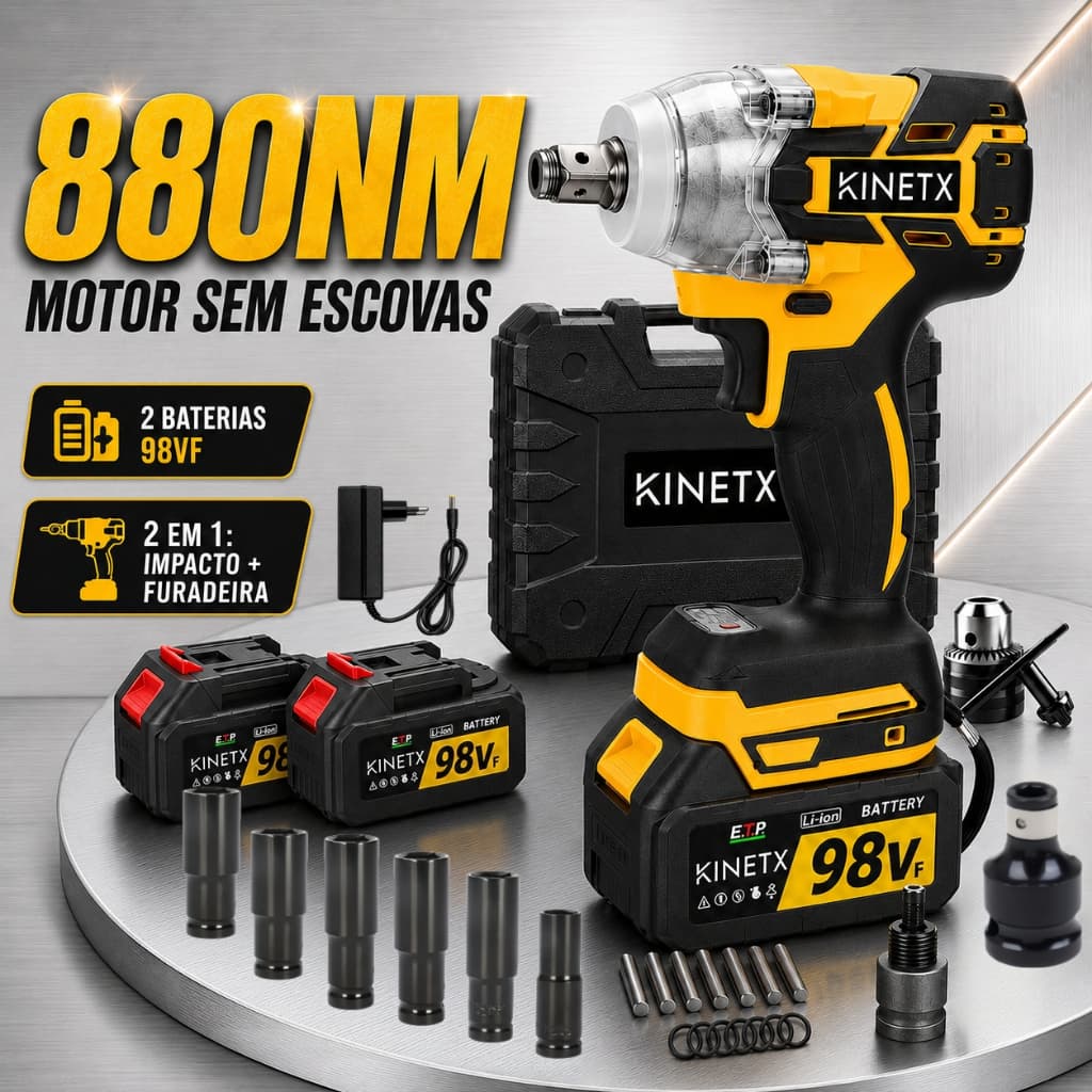 880NM 98Vf Brushless Chave de Impacto a Bateria*2 Furadeira Parafusadeira Sem Fio + 2 Baterias KINETX