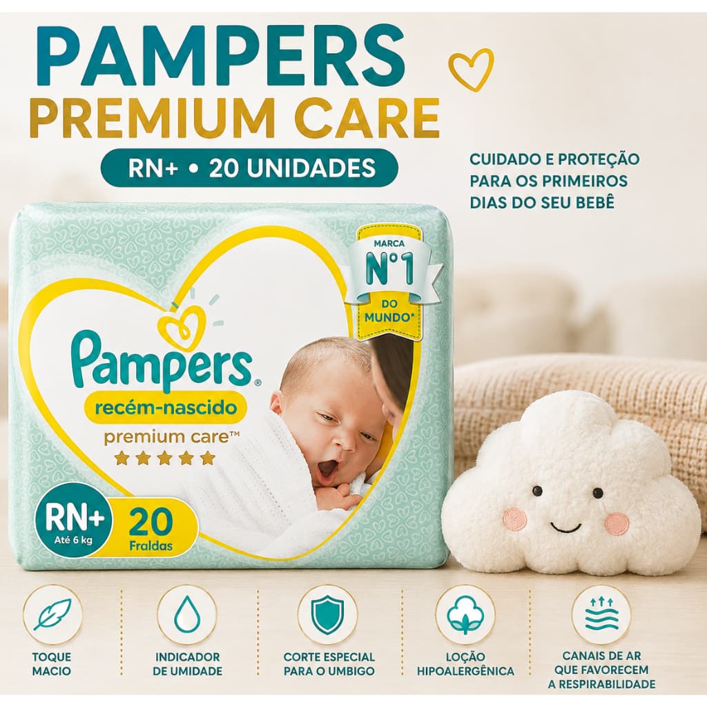 Fralda Pampers Premium Care RN+ 20 Unidades Recém-Nascido Até 6kg