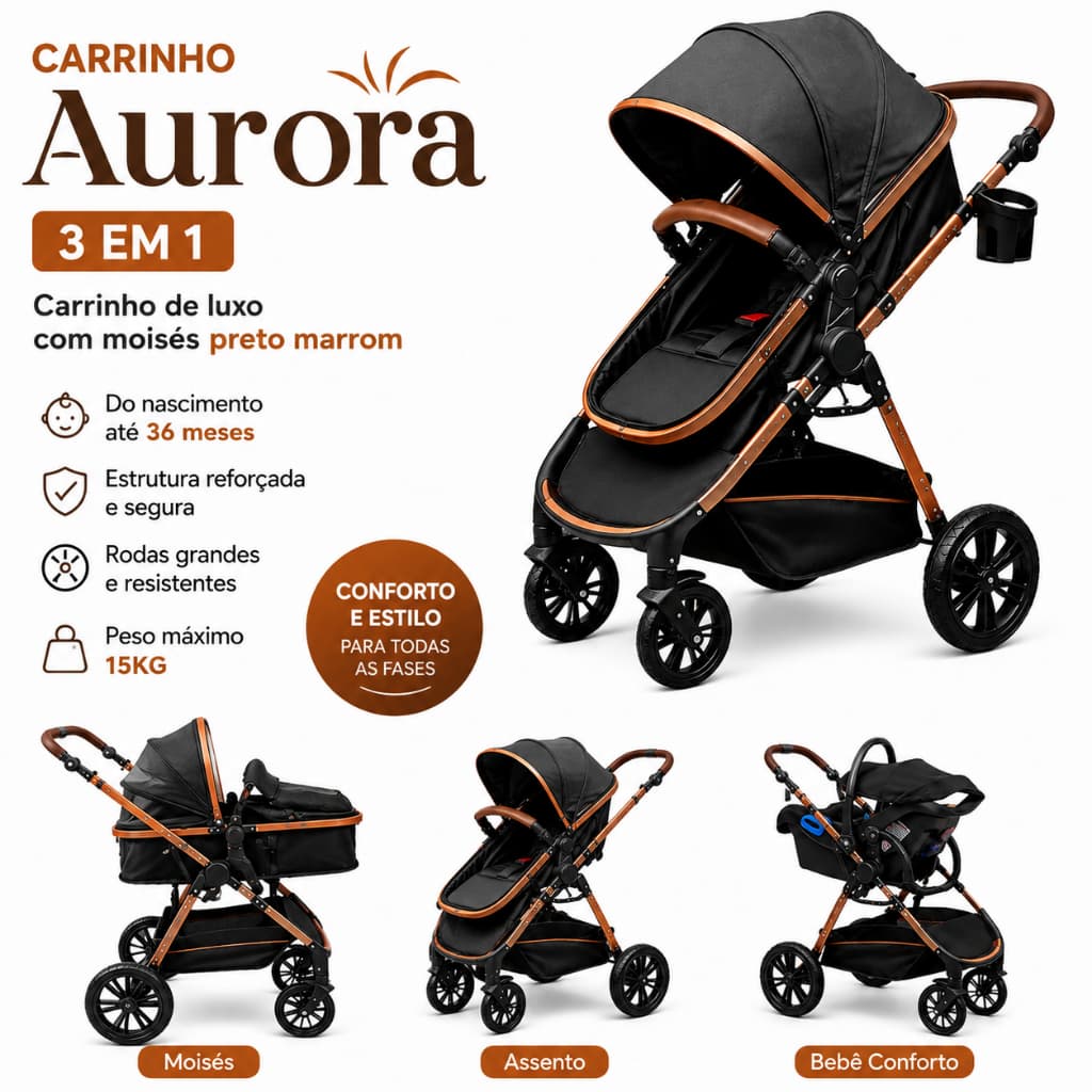 Carrinho de Bebê Aurora 3 em 1 com Moisés 0 a 36 Meses até 15 kg Preto e Marrom