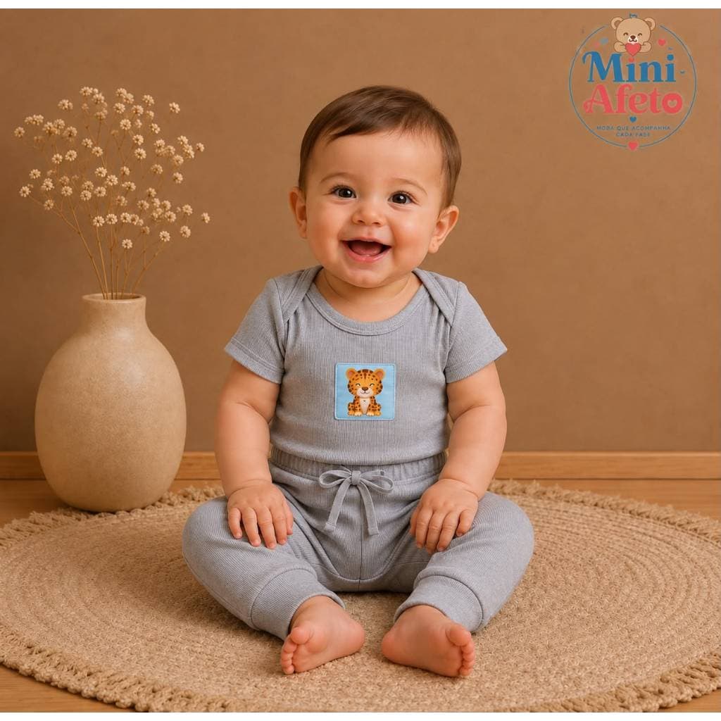 Conjunto Bebê Canelado Cinza Body e Calça Estampa Onça Algodão Premium Roupa Infantil Enxoval Chá Fralda Presente