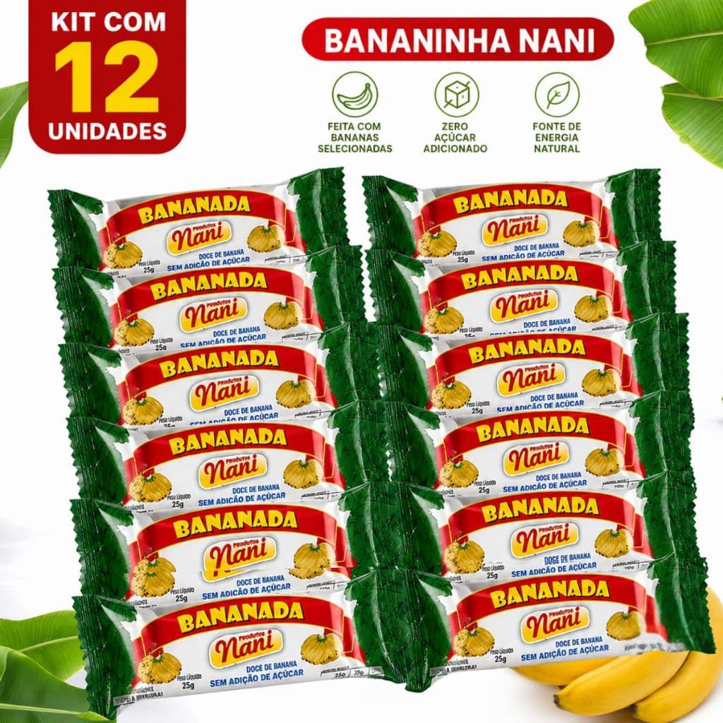 Bananinha Sem Adição de Açúcar Kit 12 Unidades 25g Snack Saudável