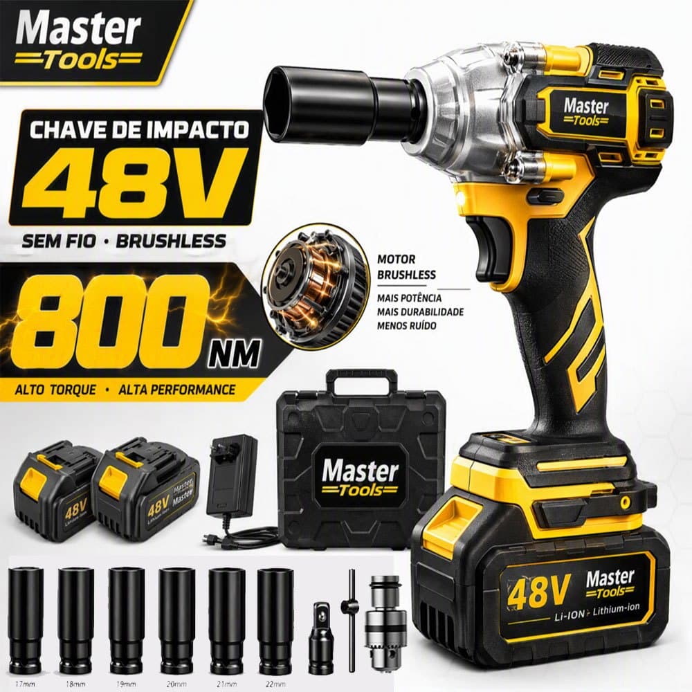 Chave de Impacto 48V 800NM 2 Baterias Sem Fio Furadeira Parafusadeira Maleta Adaptador Broca Profissional