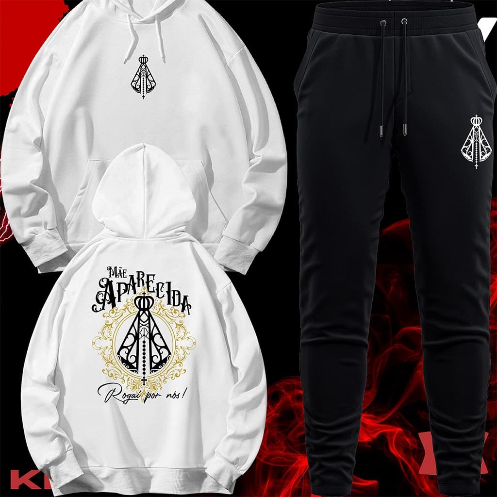 Conjunto Moletom Unissex Adulto Blusa de Frio Canguru e Calça Personalizada Estampa MÃE APARECIDA