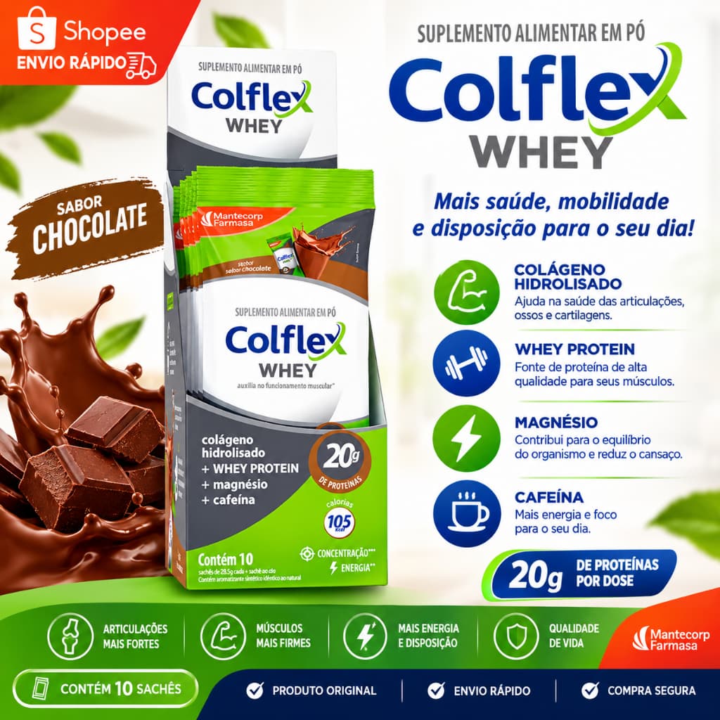 Colflex Whey Chocolate 10 Sachês 28,5g Colágeno Hidrolisado + Whey Protein + Magnésio + Cafeína 20g Proteína Mantecorp