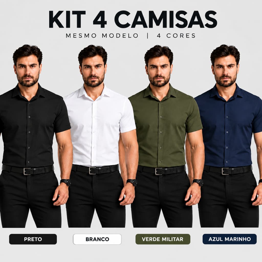 Kit 4 Camisas Sociais Masculinas Tricoline Manga Curta – Camisa Social Casual Slim Confortável para Trabalho