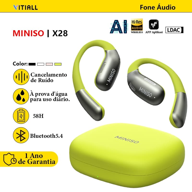 MINISO X28 Fone Bluetooth Tradutor de 135 Idiomas Open Ear Sem Fio Bluetooth 5.4 IPX4