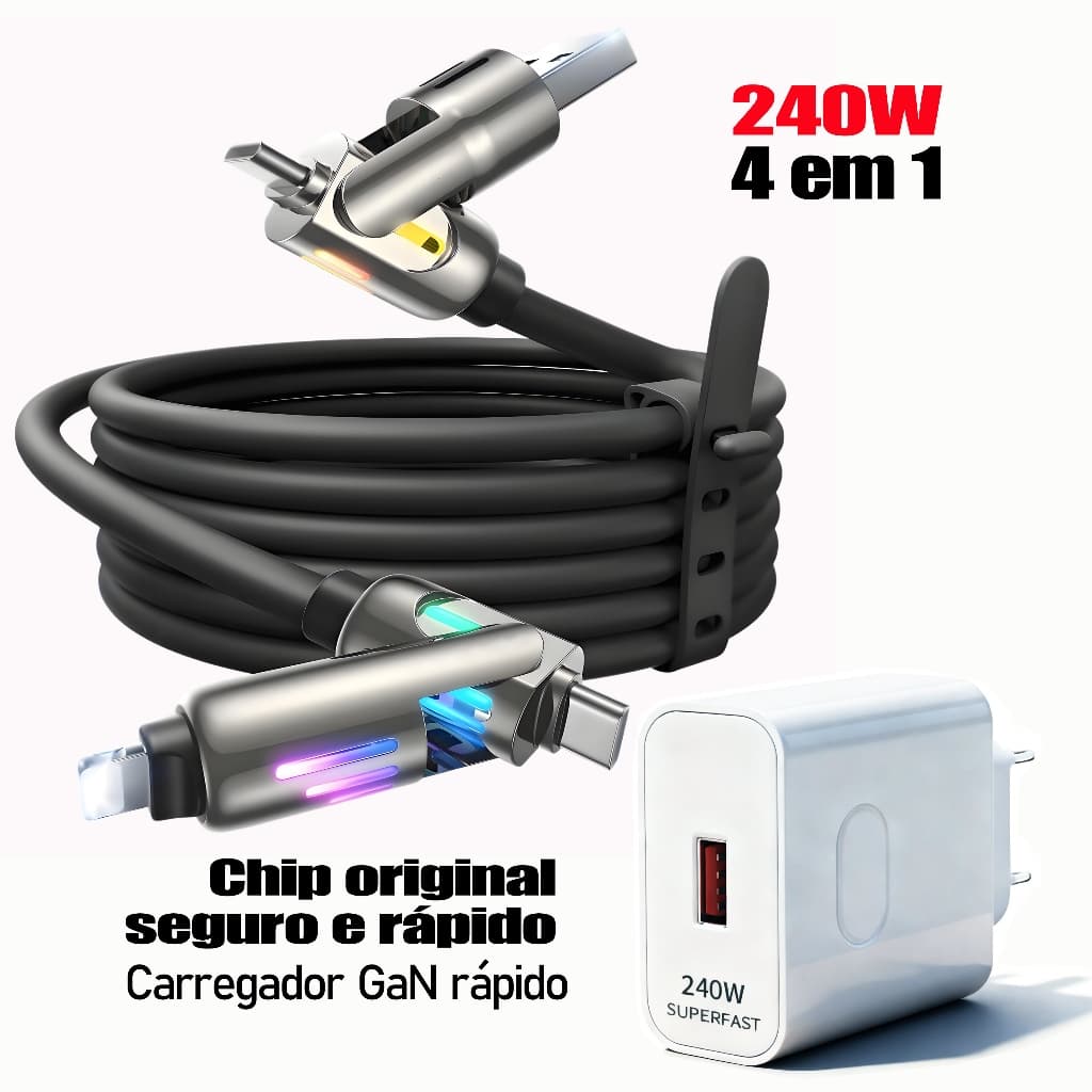 Carregador 240W + Cabo USB‑C 4 em 1 | Carga Ultra Rápida, Silicone Duradíssimo, Seguro e Alta Qualidade | Cabo 1M/2M