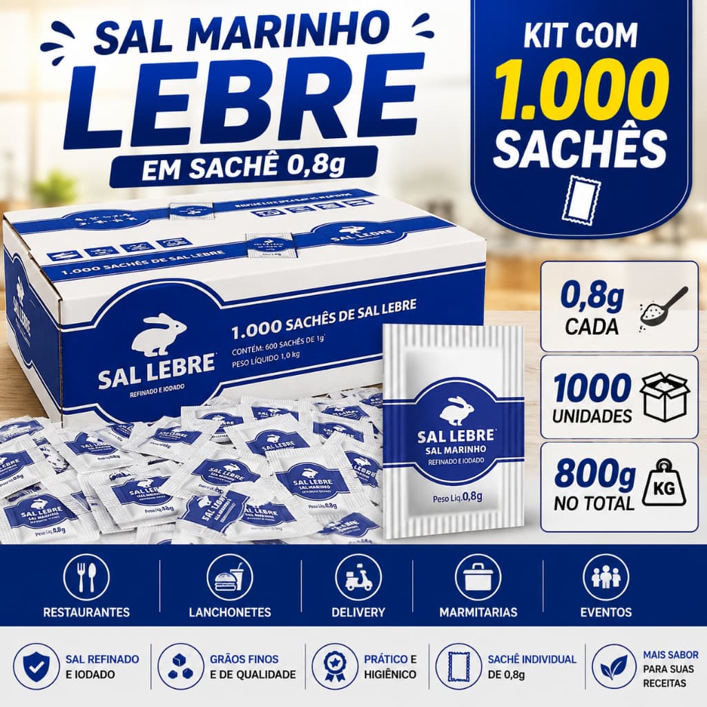 Sal Marinho Lebre Sachê 0,8g Kit 1000 Unidades Individual para Restaurante Delivery Lanchonete