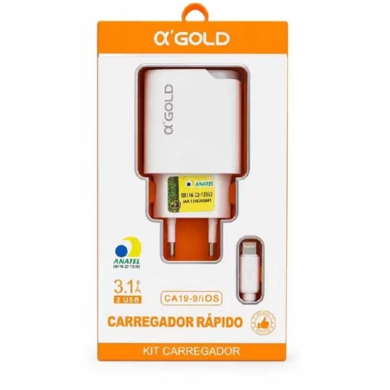 Carregador Rápido de celular α'GOLD 3.1A 2 USB + Cabo iOS ou Tipo-C