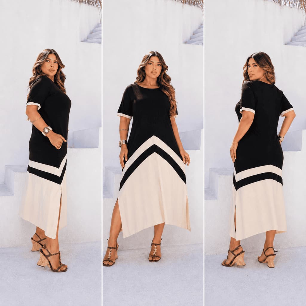 Vestido Grazi Longo Plus Size Longuete Bicolor Premium Com Fenda Elegante Moda Feminina Midi Viscolacra