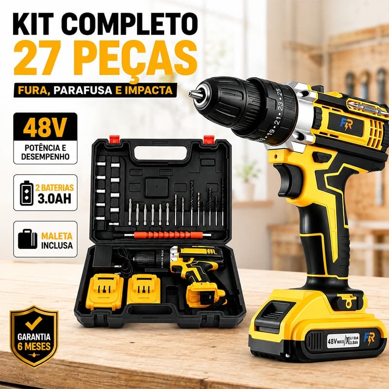 Parafusadeira Furadeira de Impacto 48V Sem Fio Baterias 3 Funções com Maleta e Acessórios