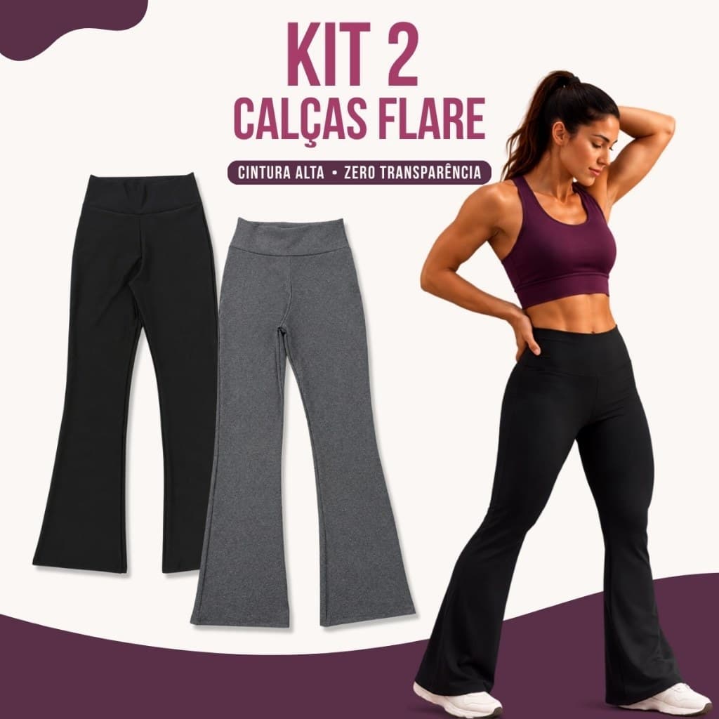 Kit 2 Calça Bailarina Flare Feminina Suplex Zero Transparência Cintura Alta Fitness Academia