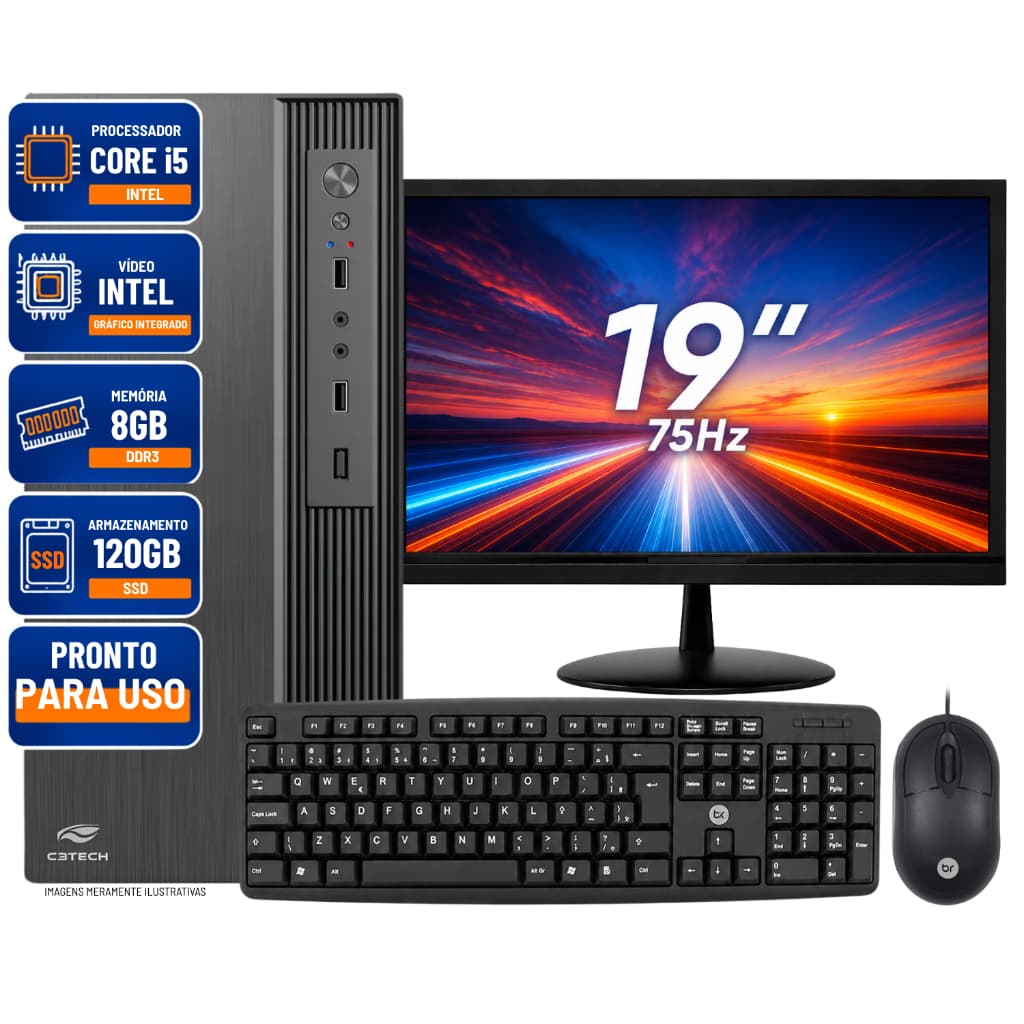 Computador Completo Intel Core i5, 8GB de Memoria Ram, SSD 120GB, Monitor 19, Teclado, Mouse, Windows11, Pronto para Uso