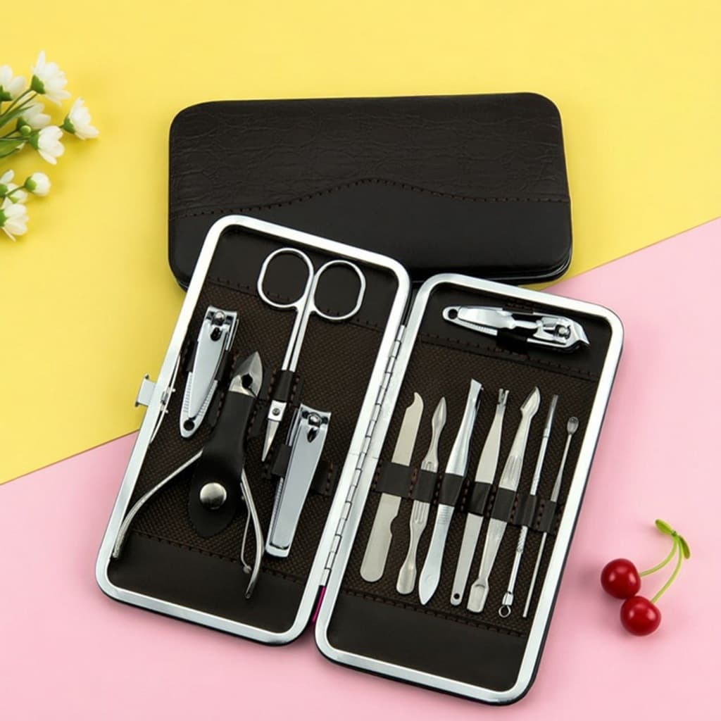 Kit Completo Manicure Pedicure 12 Peças Inox, Ferramentas para Cuidar Unhas, Estojo Portátil Viagem