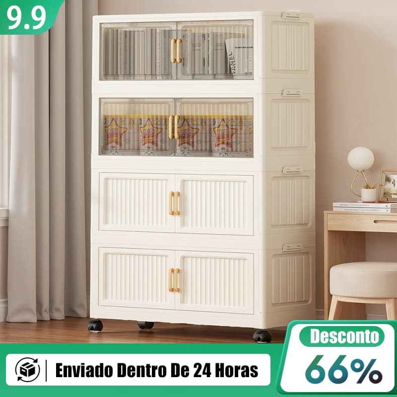 Armário Organizador Dobrável Multiuso Quarto Cozinha Rodinhas Portas Transparentes 3 4 5 Camadas