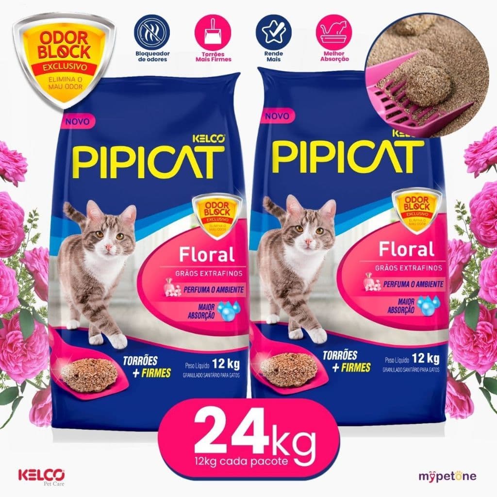 Kit 2 Areia Sanitária Pipicat 12Kg Fragrância Floral Para Gatos - Kelco