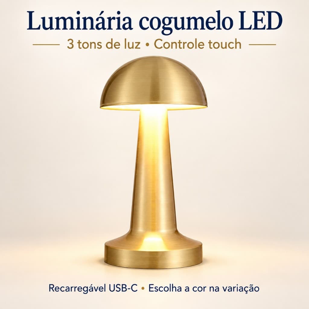 Luminária de Mesa Cogumelo LED Touch Sem Fio Recarregável USB-C com 3 Tons de Luz para Quarto e Sala
