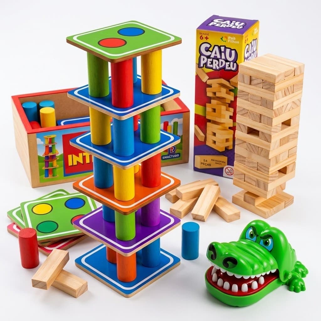Jogos: Torre Inteligente Madeira + Caiu Perdeu + Crocodilo Morde Dedo - Diversão em Família!