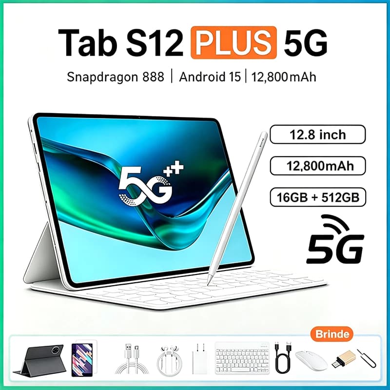 Galalxy S12 Plus -12.8"inch 16GB+512GB Android 16 12,800mAh Snapdragon 888 Combo com Teclado e Mouse