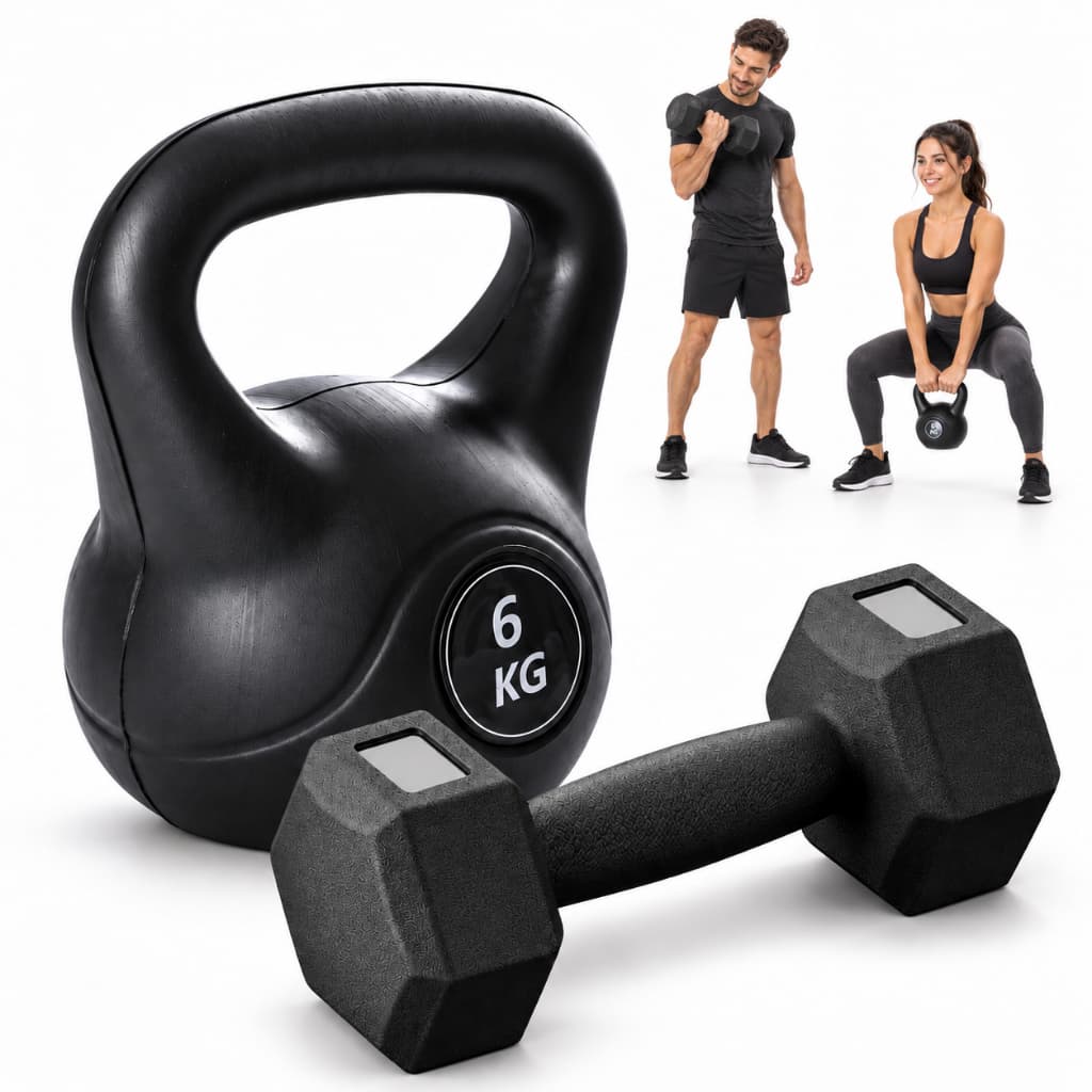 Kit Halter 4KG + Kettlebell 6KG 10KG Musculação Treino Funcional Academia Black Ciment
