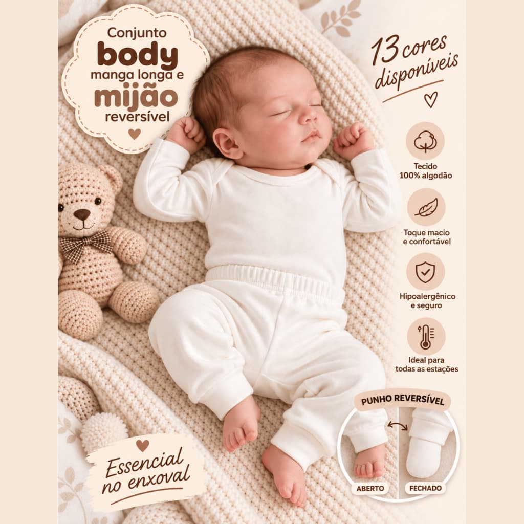 ​Kit Roupa De Bebê Conjunto Body Manga Longa E Calça Mijão Culote Algodão Enxoval Recém Nascido Liso RN ao GG