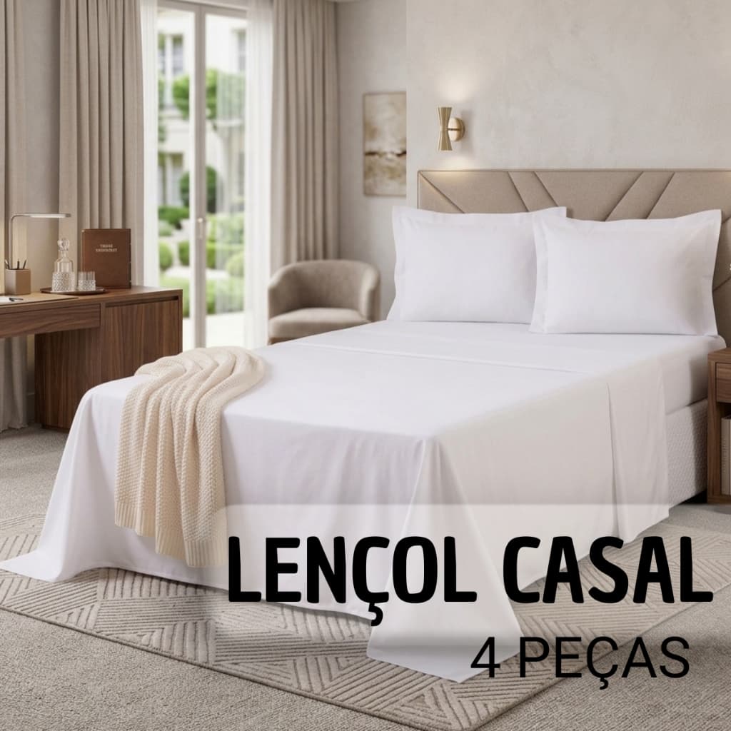 Jogo Lençol Cama Casal 4 Peças Branco Com Elástico Toque Macio Confortável Hotel