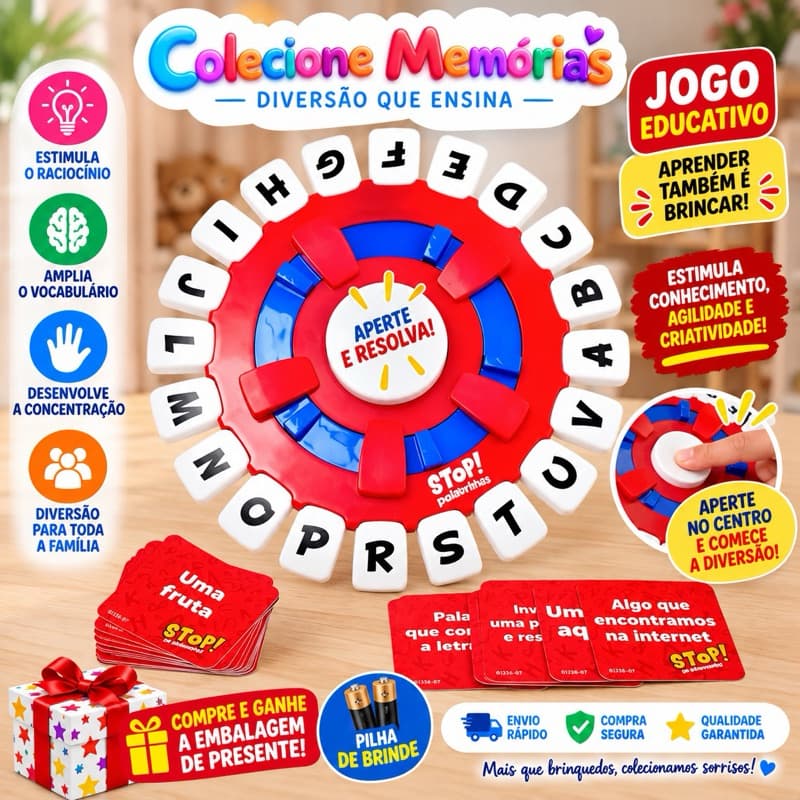 Jogo Stop Tapple de Palavras Tabuleiro com Som 36 Cartas - Diversão em Família