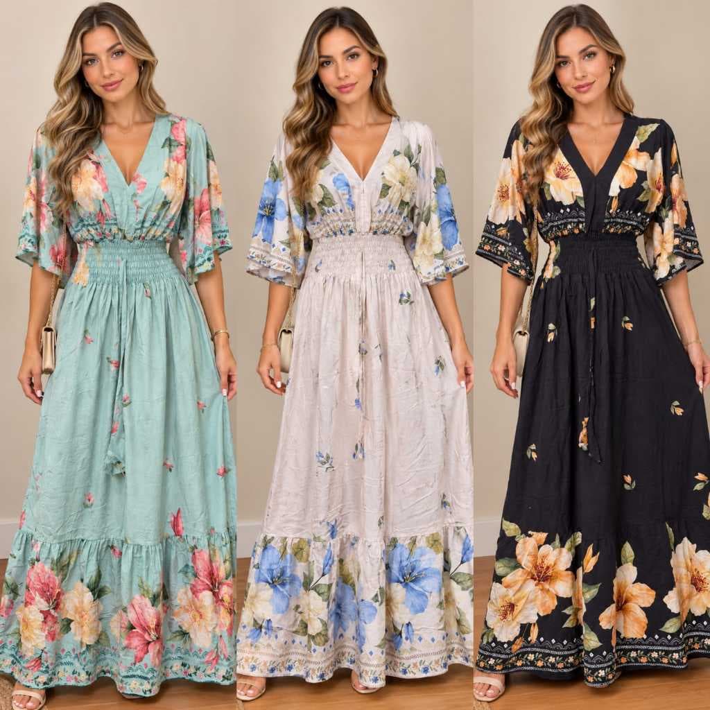 Vestido Feminino Longo Manga Flare Decote V Luxo Elegante