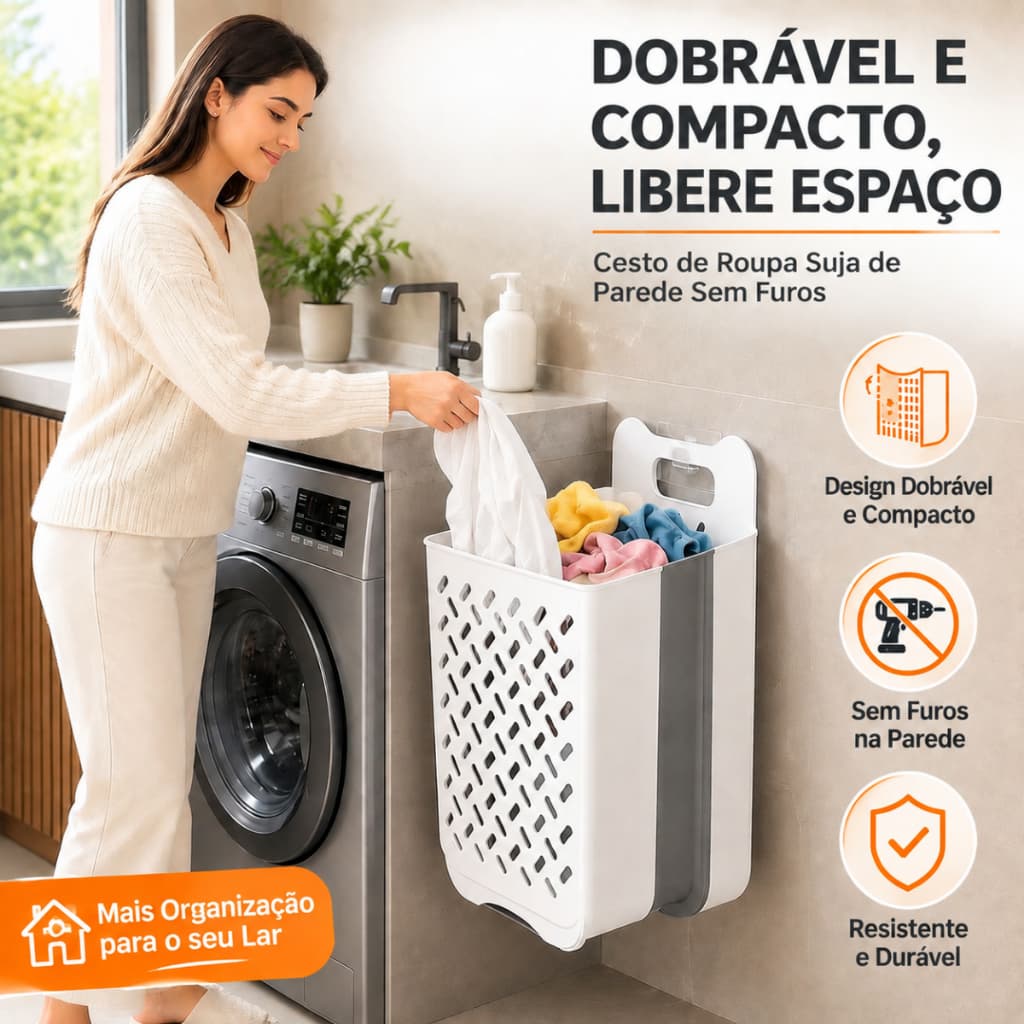 Cesto de Roupa Suja Dobrável de Parede, Organizador Sem Furos para Banheiro e Lavanderia
