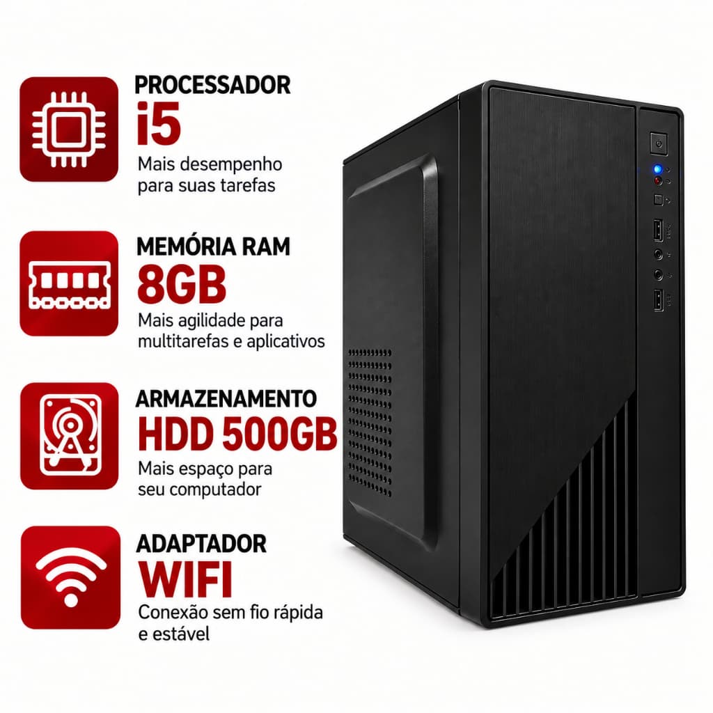 Desktop Novo Computador Intel i5 8Gb Ram Ddr3 HD 500GB Cpu Torre Com Wifi Cabo De Força