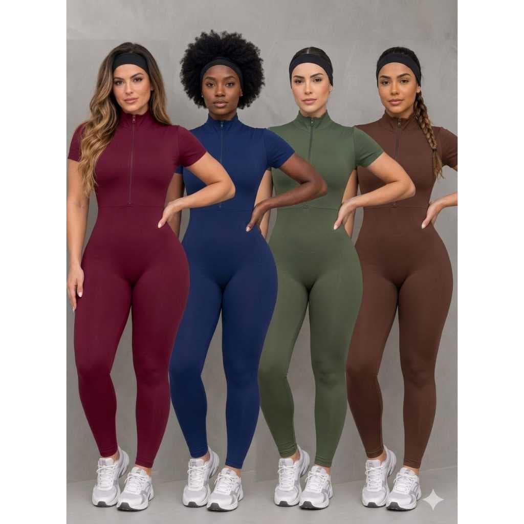Macacão Longo Ziper Fitness Canelado Poliamida Grosso  Roupa de Academia Não Fica Transparente roupa feminina