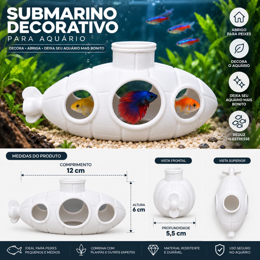 Submarino Decoração, Casinha Flutuante Para Peixes Aquário Refúgio 3 Janelas Enfeite Casinha Flutuante Para Peixe