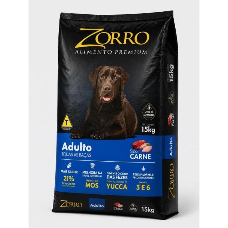 Ração Zorro Premium de 15kg Carne para cães cachorro adulto