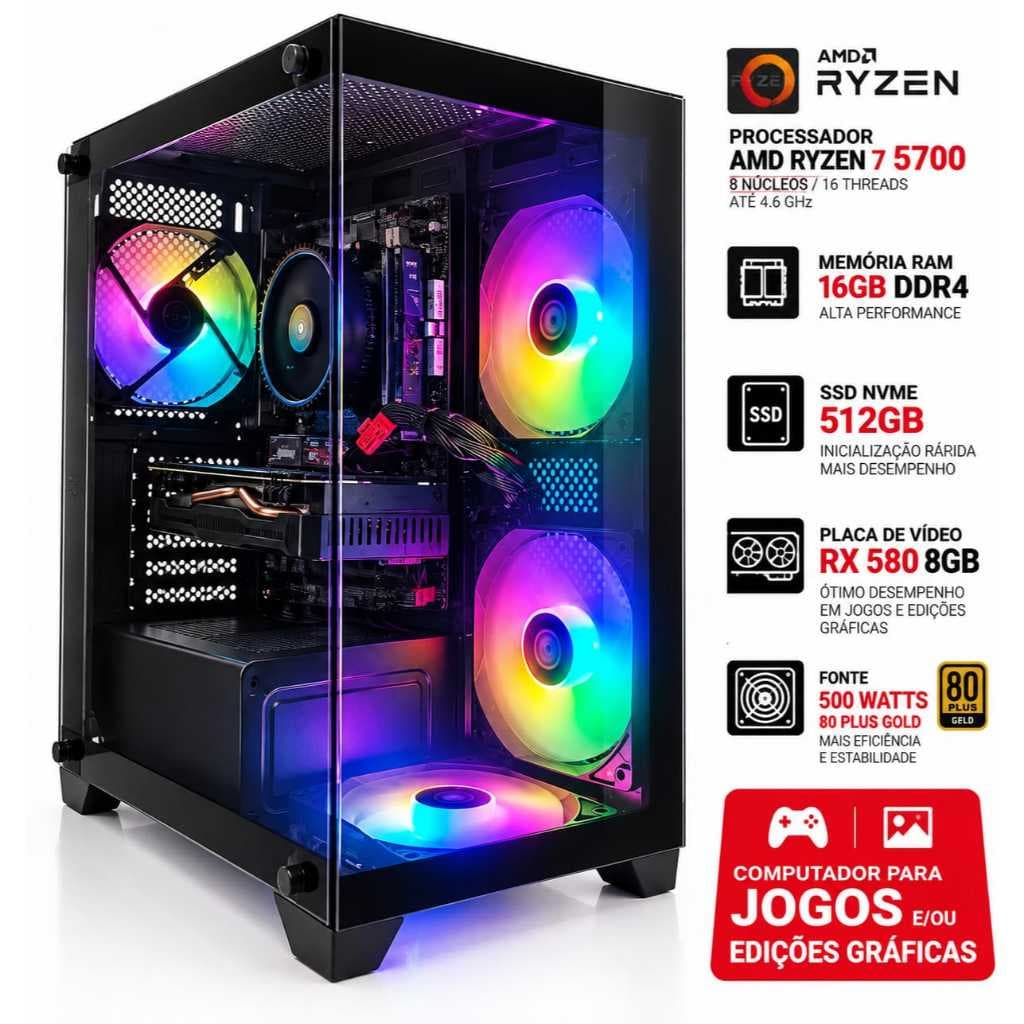 Computador Gamer AMD Ryzen 7 5700 16GB DDR4 SSD NVMe 512GB Radeon RX 580 8GB