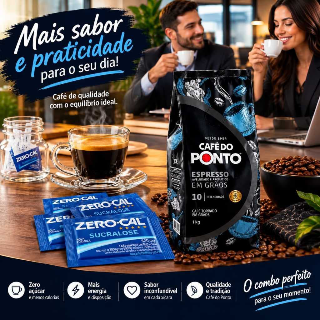 Café Torrado Em Grãos Café Do Ponto 1kg + 100 Unidades Adoçante Zero Cal em Sachês.