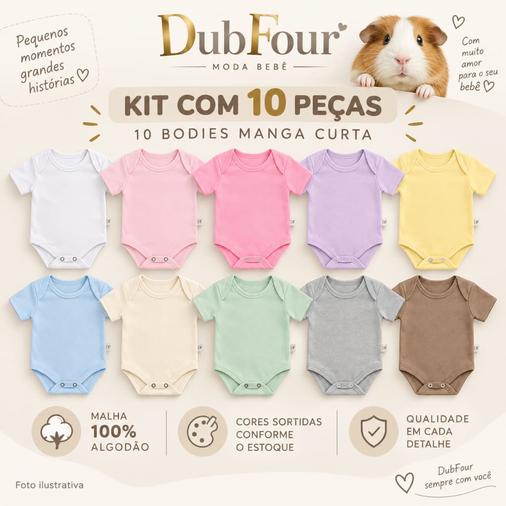 Kit 10 Bodies Bebê Infantil | Manga Curta Lisos | 100% Algodão | Menina Menino Unissex enxoval