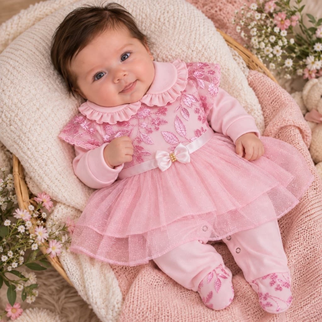 Macacão bebê menina com vestido em tule rosa Manuela