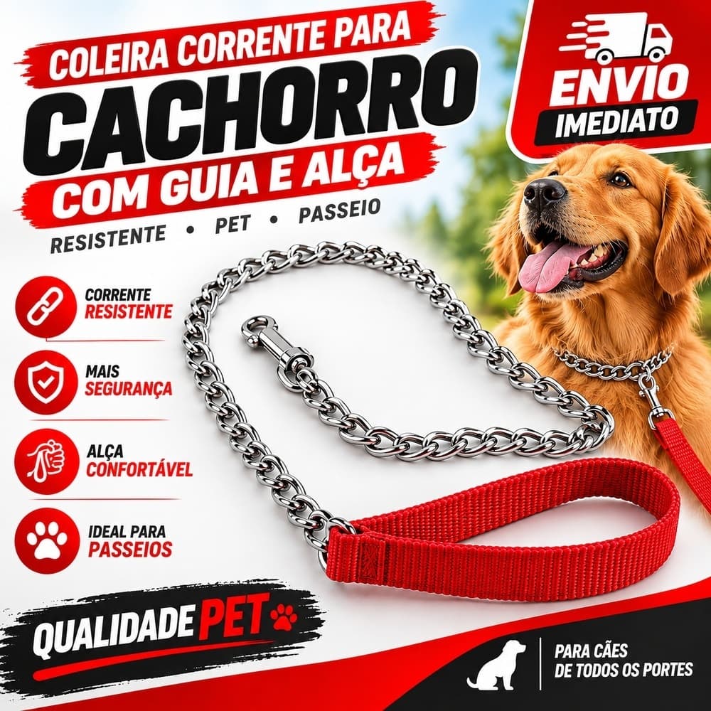 Coleira Corrente para Cachorro com Guia e Alça Resistente Pet Passeio