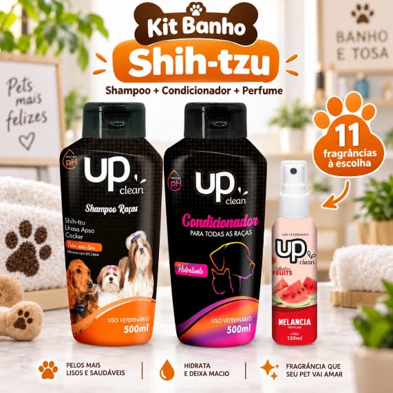 Kit Banho Cachorro Shampoo Shih Tzu Lhasa Cocker + Condicionador + Perfume Pet 60ml Kit Shampoo para Cachorro UP Clean