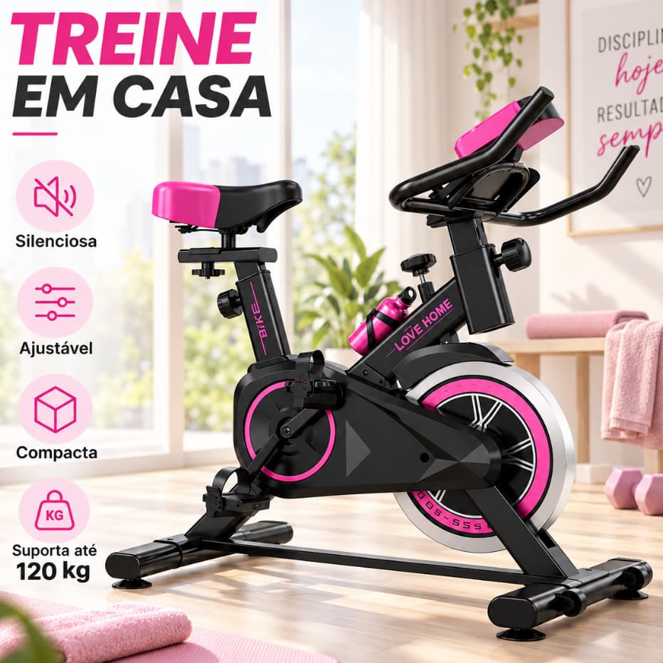Bicicleta Ergométrica Spinning Fitness Rosa Ajustável Silenciosa Com Suporte Para Celular Até 120kg