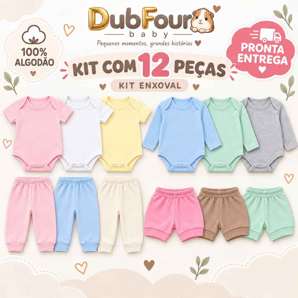 Kit Enxoval 12 Pecas Bebe Body Manga Longa Manga Curta Mijao Calça Short Tapa Fralda Infantil Menino Menina Cores Lisas