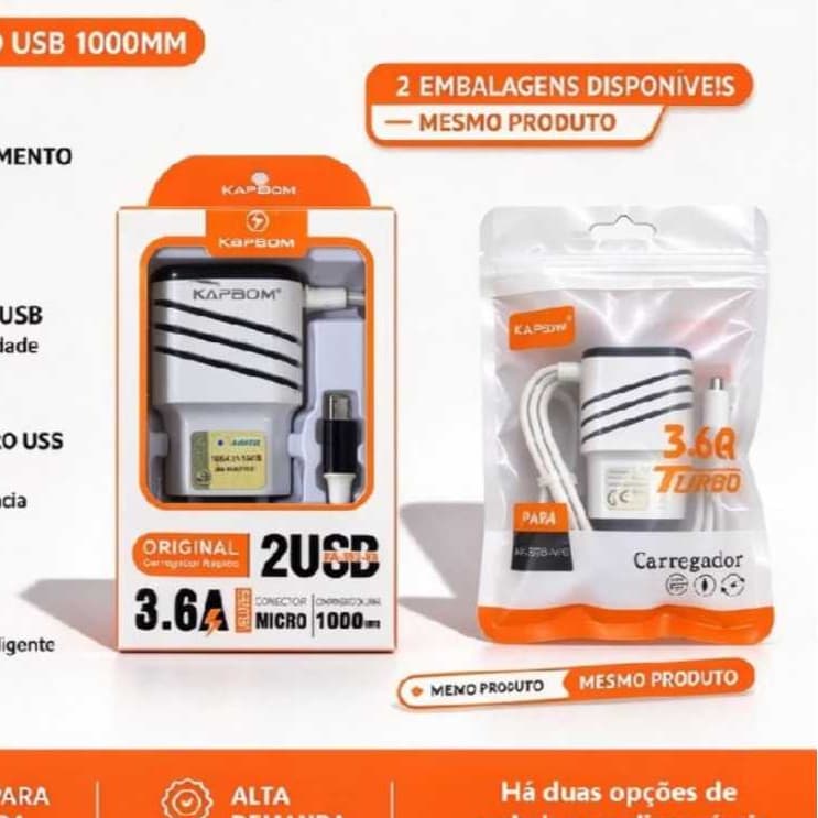 Carregador Turbo Celular Ultra rápido 3.1 V8 Micro Usb 2 Entrada Usbp Android Portátil