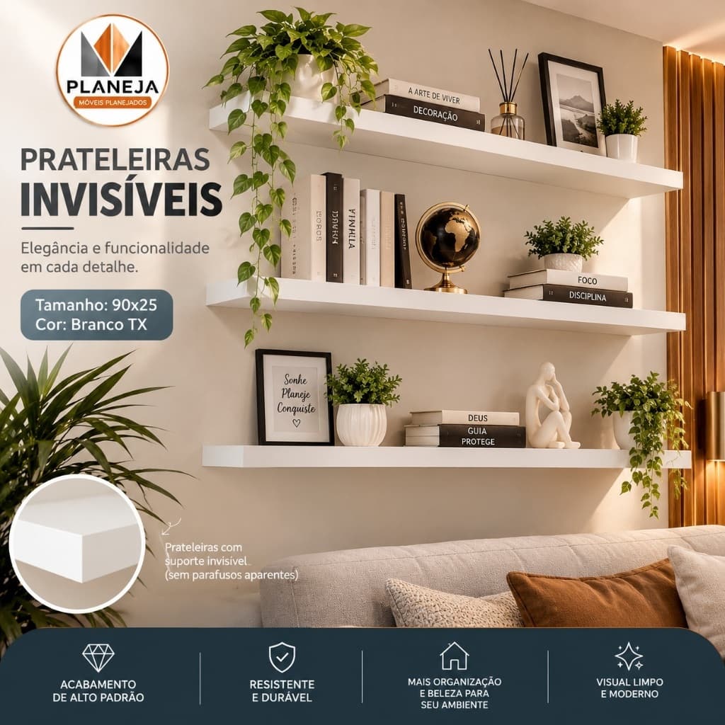 Prateleira MDF Branco TX  90x25cm para Parede | Suporte Invisível | Prateleira Suspensa para Quarto Sala Escritório
