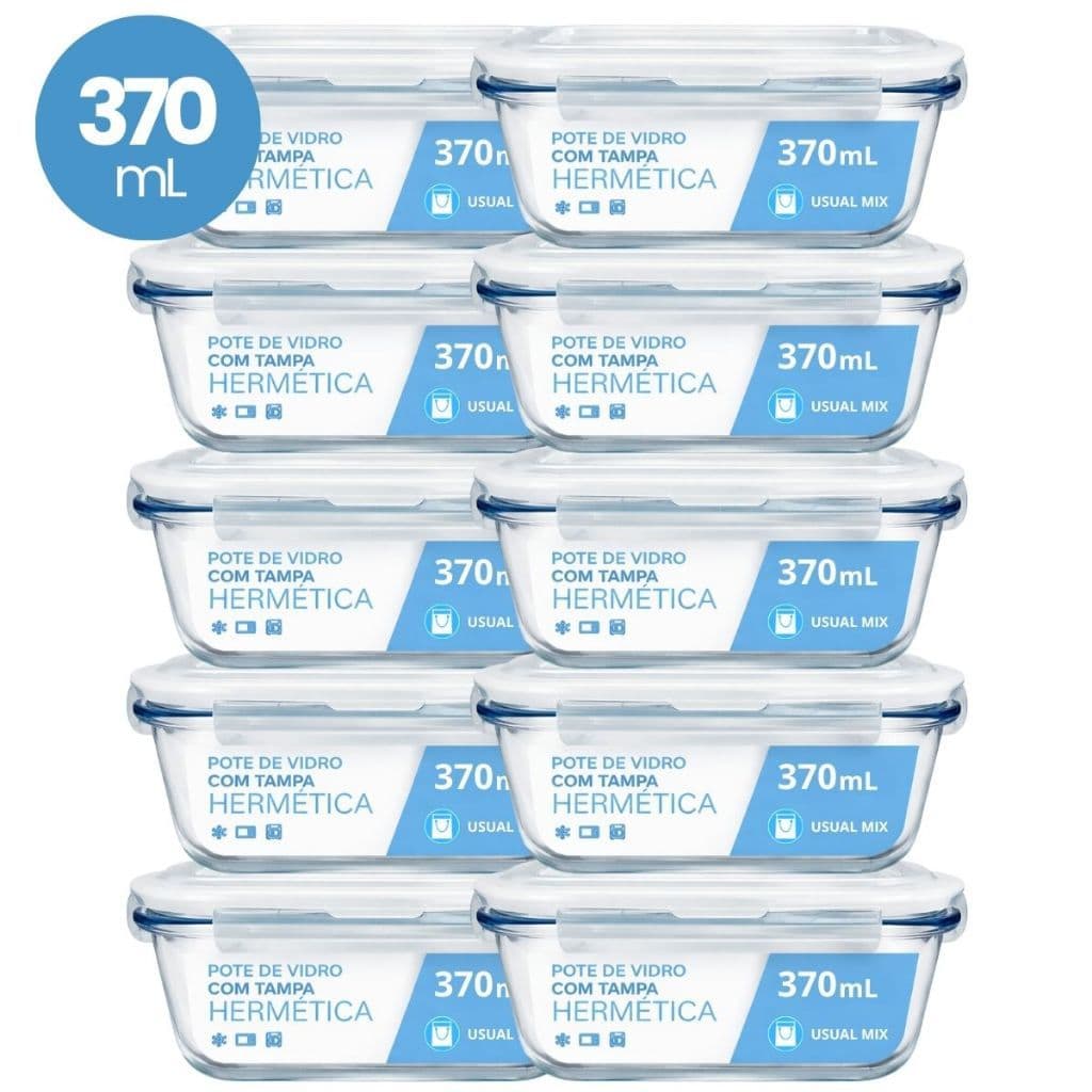 Kit 10 Pote Vidro Hermético Marmita 370ml Micro-ondas Freezer Forno Organização Geladeira