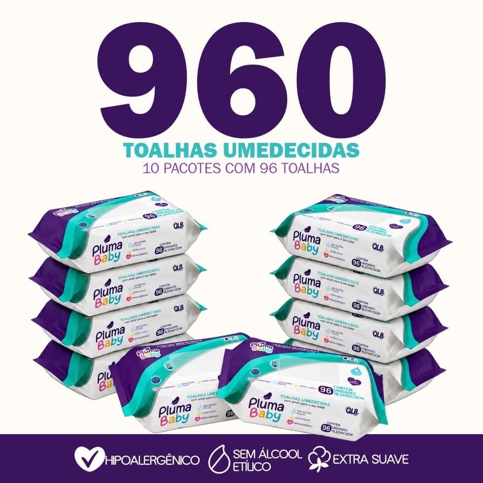 Caixa com 10 Lenços/Toalhas Umedecidas Pluma Baby c/ 96 Unidades Cada- NOVA EMBALAGEM