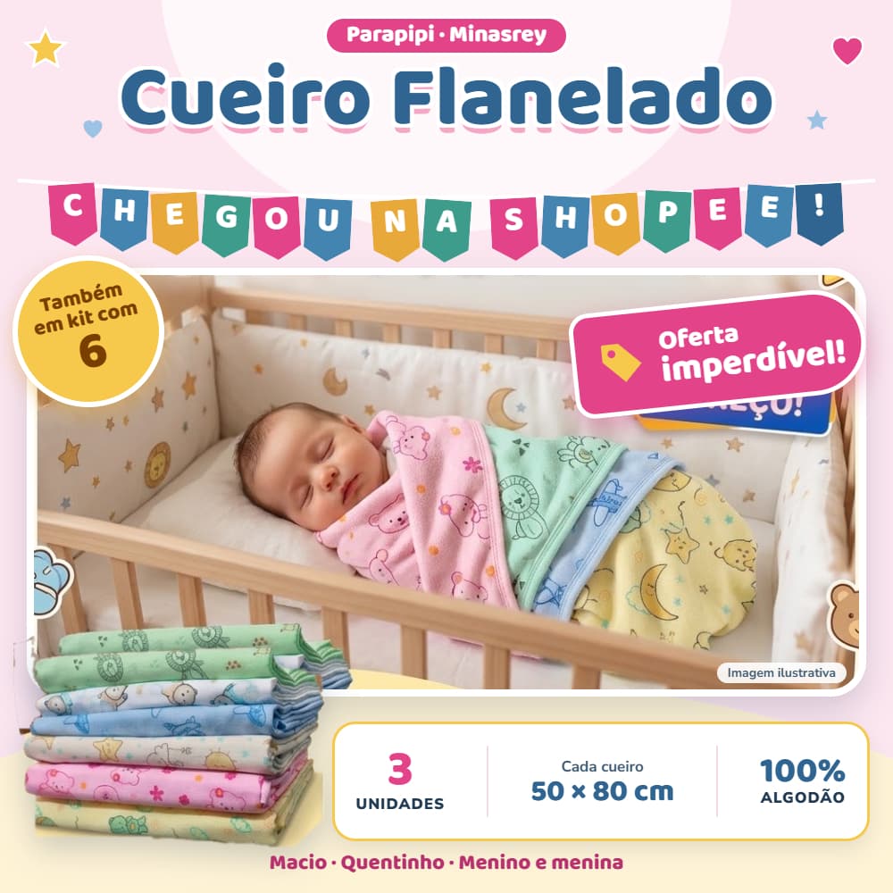 Kit Cueiro Flanelado Bebê 06 ou 12 Unidades 100% Algodão 50x80cm Parapipi Minasrey Manta Leve Enxoval