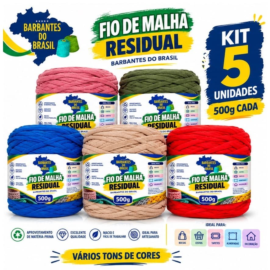 Kit 5 Fios de Malha Residual 500g Barbantes do Brasil para Crochê Bolsas Tapetes Artesanato