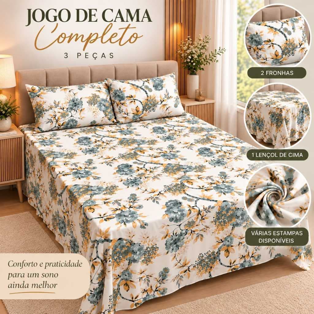 Kit Jogo de Lençol 3 Peças Percal 500 Fios Toque de Algodão Casal 2,20m x 2,50m Linha Luxo Premium